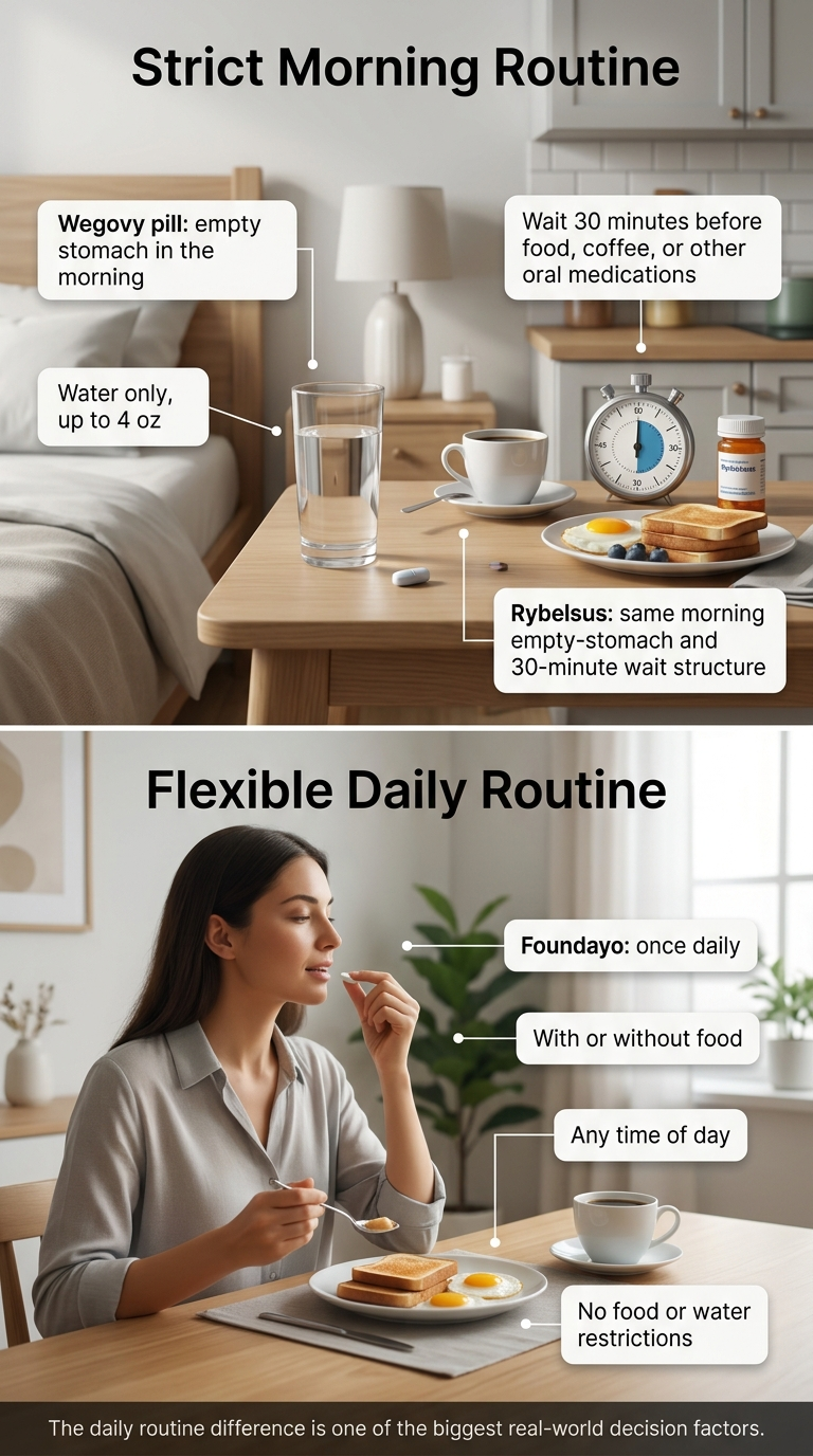 Strict Morning Routine (Wegovy pill and Rybelsus): Take on empty stomach in the morning. Water only, up to 4 oz. Wait 30 minutes before food, coffee, or other oral medications. Flexible Daily Routine (Foundayo): Once daily, with or without food, any time of day, no food or water restrictions. The daily routine difference is one of the biggest real-world decision factors.