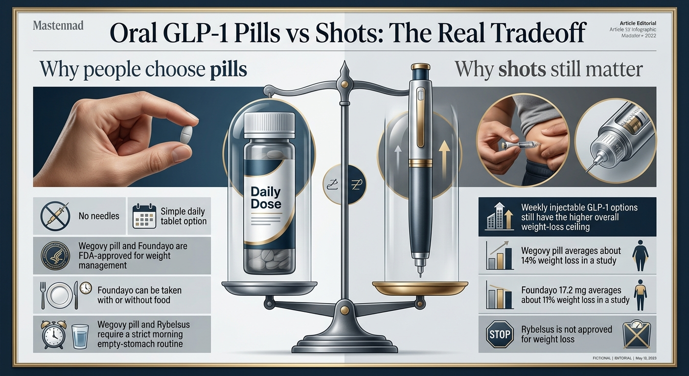 Oral GLP-1 Pills vs Shots: The Real Tradeoff. Why people choose pills: no needles, simple daily tablet, Wegovy pill and Foundayo FDA-approved for weight management, Foundayo can be taken with or without food, Wegovy pill and Rybelsus require strict morning empty-stomach routine. Why shots still matter: weekly injectable GLP-1 options have higher overall weight-loss ceiling, Wegovy pill averages about 14% weight loss in a study, Foundayo 17.2 mg averages about 11% weight loss in a study, Rybelsus is not approved for weight loss.