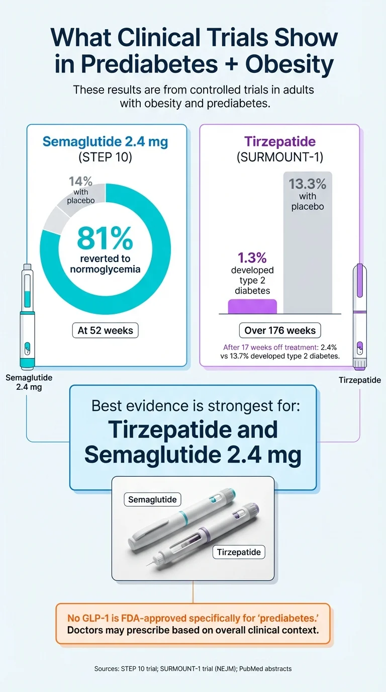 Clinical trial results comparing semaglutide 2.4mg (STEP 10) showing 81% reverted to normoglycemia vs tirzepatide (SURMOUNT-1) showing 1.3% developed type 2 diabetes over 176 weeks