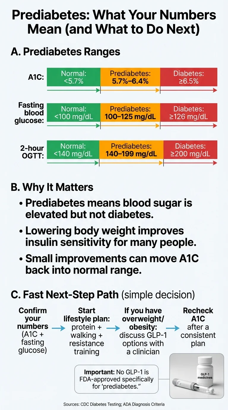 Prediabetes ranges chart showing A1C, fasting blood glucose, and 2-hour OGTT values for normal, prediabetes, and diabetes ranges with next-step decision path