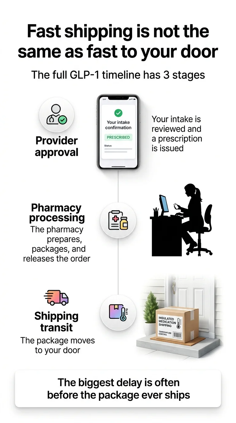 Fast shipping is not the same as fast to your door. The full GLP-1 timeline has 3 stages. Stage 1 — Provider approval: Your intake is reviewed and a prescription is issued (phone showing intake confirmation with PRESCRIBED status). Stage 2 — Pharmacy processing: The pharmacy prepares, packages, and releases the order (person sitting at computer processing prescriptions). Stage 3 — Shipping transit: The package moves to your door (delivery truck with insulated medication shipping box on a doorstep). Bottom: The biggest delay is often before the package ever ships.