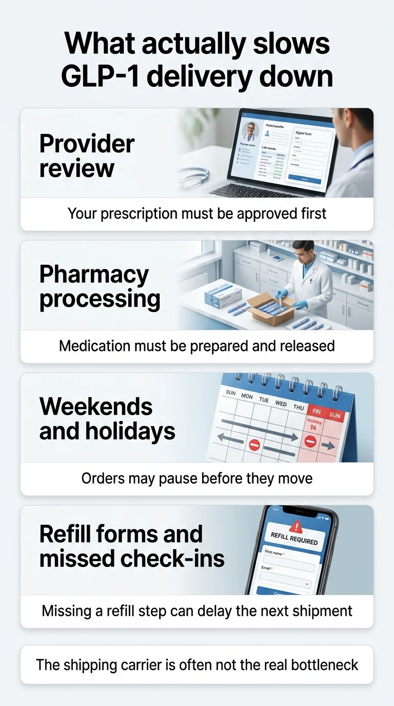What actually slows GLP-1 delivery down. Four causes shown with illustrations: 1. Provider review — Your prescription must be approved first (doctor reviewing patient profile and digital form). 2. Pharmacy processing — Medication must be prepared and released (pharmacist packaging boxes in blue gloves). 3. Weekends and holidays — Orders may pause before they move (calendar with Friday and Saturday crossed out). 4. Refill forms and missed check-ins — Missing a refill step can delay the next shipment (phone showing REFILL REQUIRED notification). Footer: The shipping carrier is often not the real bottleneck.