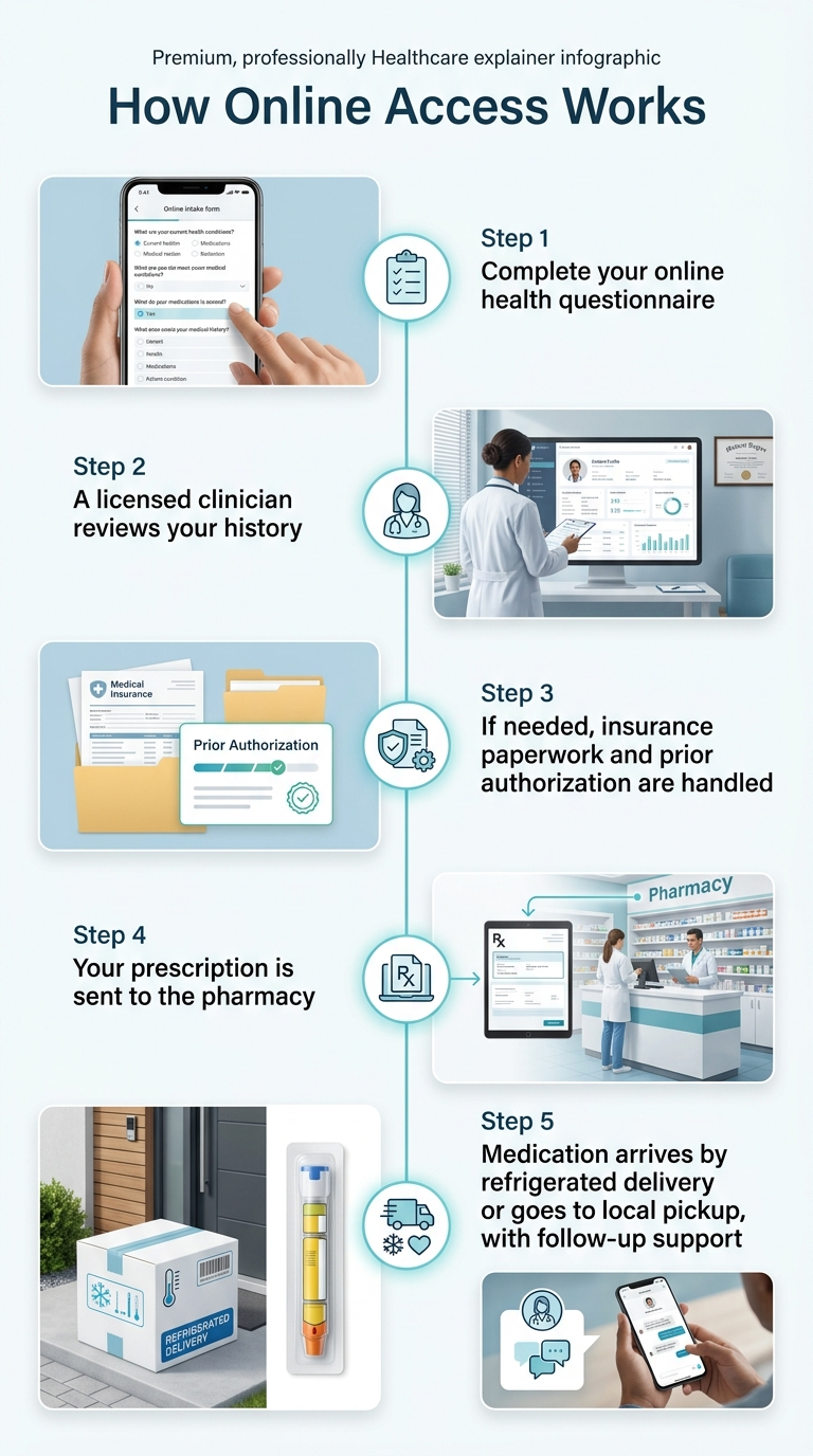 How online Mounjaro access works — 5 steps. Step 1: Complete your online health questionnaire. Step 2: A licensed clinician reviews your history. Step 3: If needed, insurance paperwork and prior authorization are handled. Step 4: Your prescription is sent to the pharmacy. Step 5: Medication arrives by refrigerated delivery or goes to local pickup, with follow-up support.