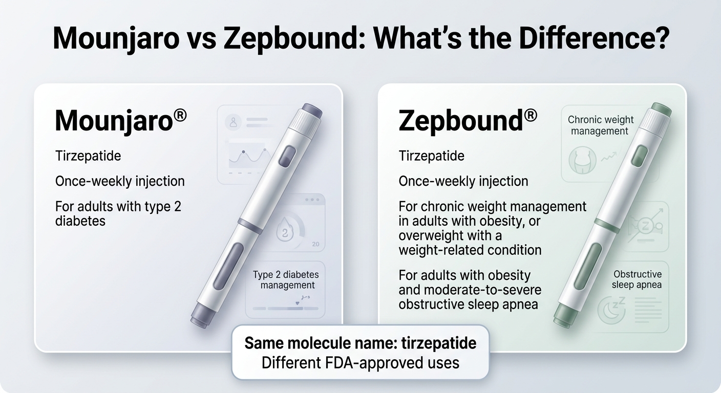 Mounjaro vs Zepbound: What's the Difference? Both contain tirzepatide, manufactured by Eli Lilly, and are once-weekly injections. Mounjaro is approved for adults with type 2 diabetes. Zepbound is approved for chronic weight management in adults with obesity or overweight with a weight-related condition, and for adults with obesity and moderate-to-severe obstructive sleep apnea. Same molecule name: tirzepatide. Different FDA-approved uses.