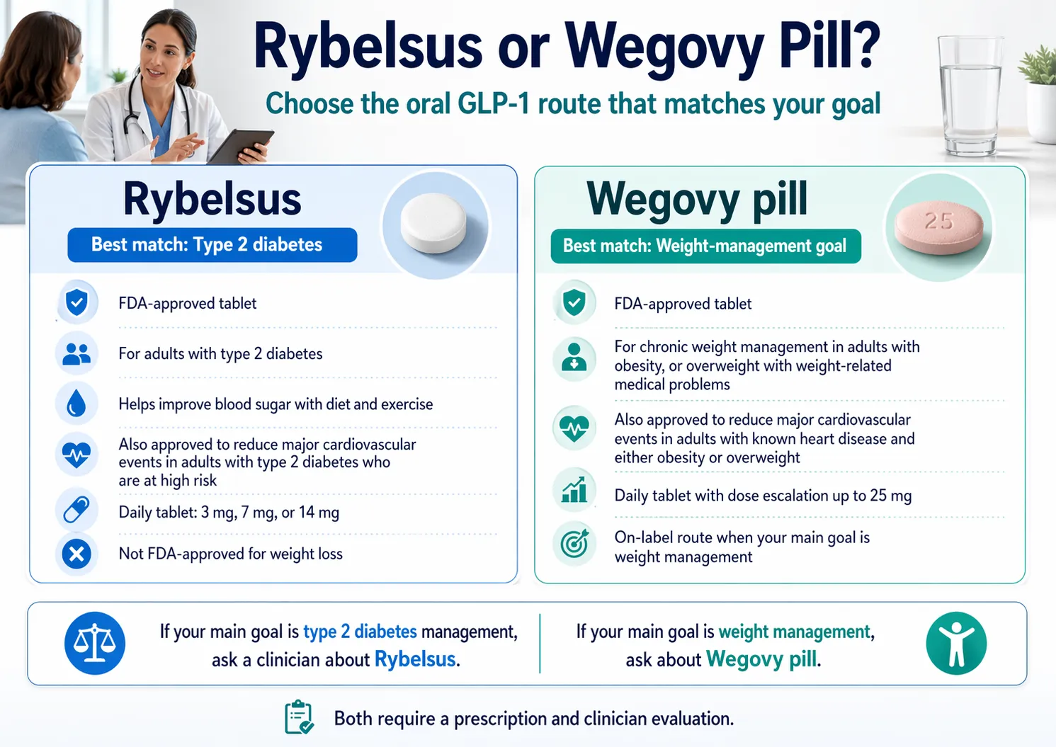 Rybelsus vs Wegovy pill comparison — Rybelsus best match is Type 2 diabetes management; Wegovy pill best match is weight management goal. Both require a prescription and clinician evaluation.
