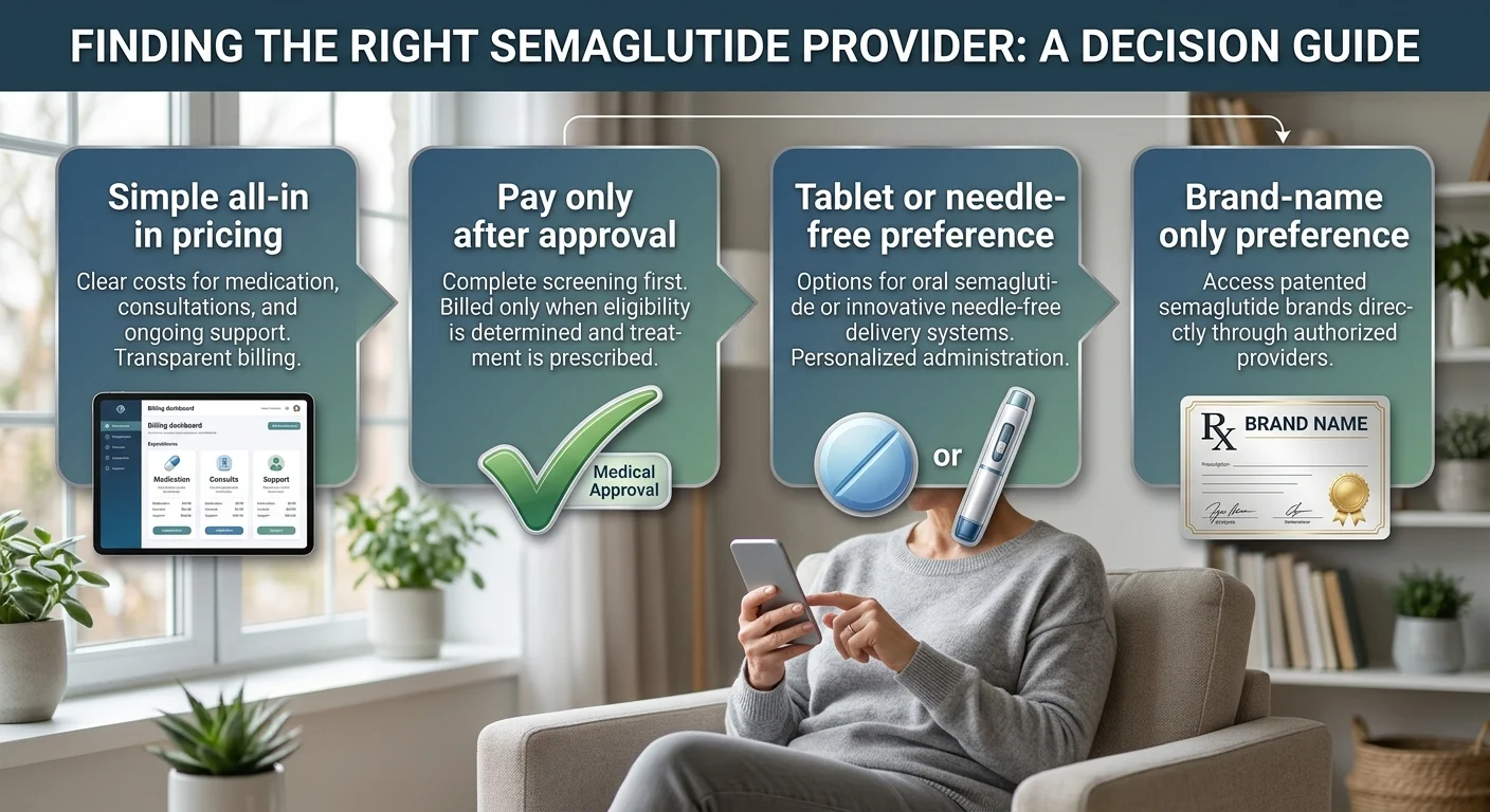 Finding the right semaglutide provider: a decision guide — simple all-in pricing, pay only after approval, tablet or needle-free preference, brand-name only preference.