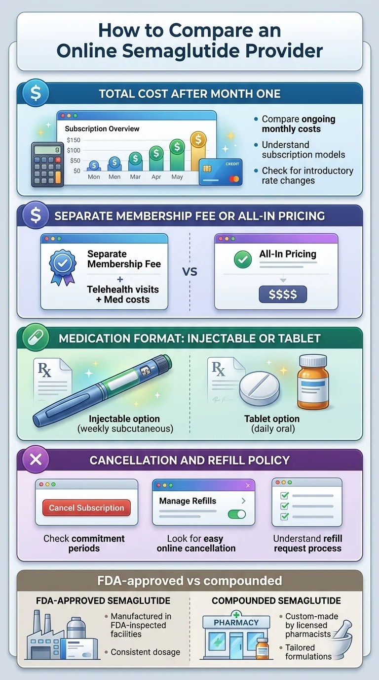 Infographic: How to compare an online semaglutide provider — total cost after month one, membership fee vs all-in pricing, medication format, cancellation policy, and FDA-approved vs compounded.