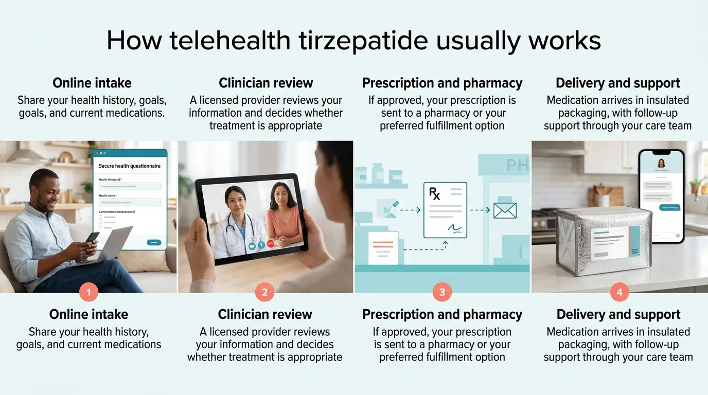 How telehealth tirzepatide works: Step 1 Online intake — share health history, goals, and current medications. Step 2 Clinician review — a licensed provider reviews your information and decides whether treatment is appropriate. Step 3 Prescription and pharmacy — if approved, prescription goes to a pharmacy or LillyDirect. Step 4 Delivery and support — medication arrives in insulated packaging with follow-up care team support.