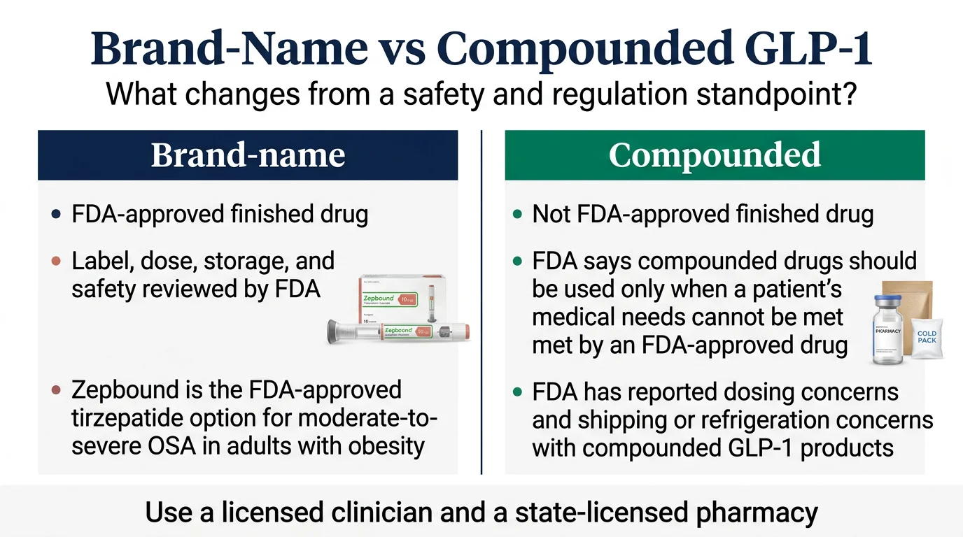 Brand-name vs compounded GLP-1 comparison showing FDA-approved finished drug with full safety review versus compounded drugs with different regulatory requirements