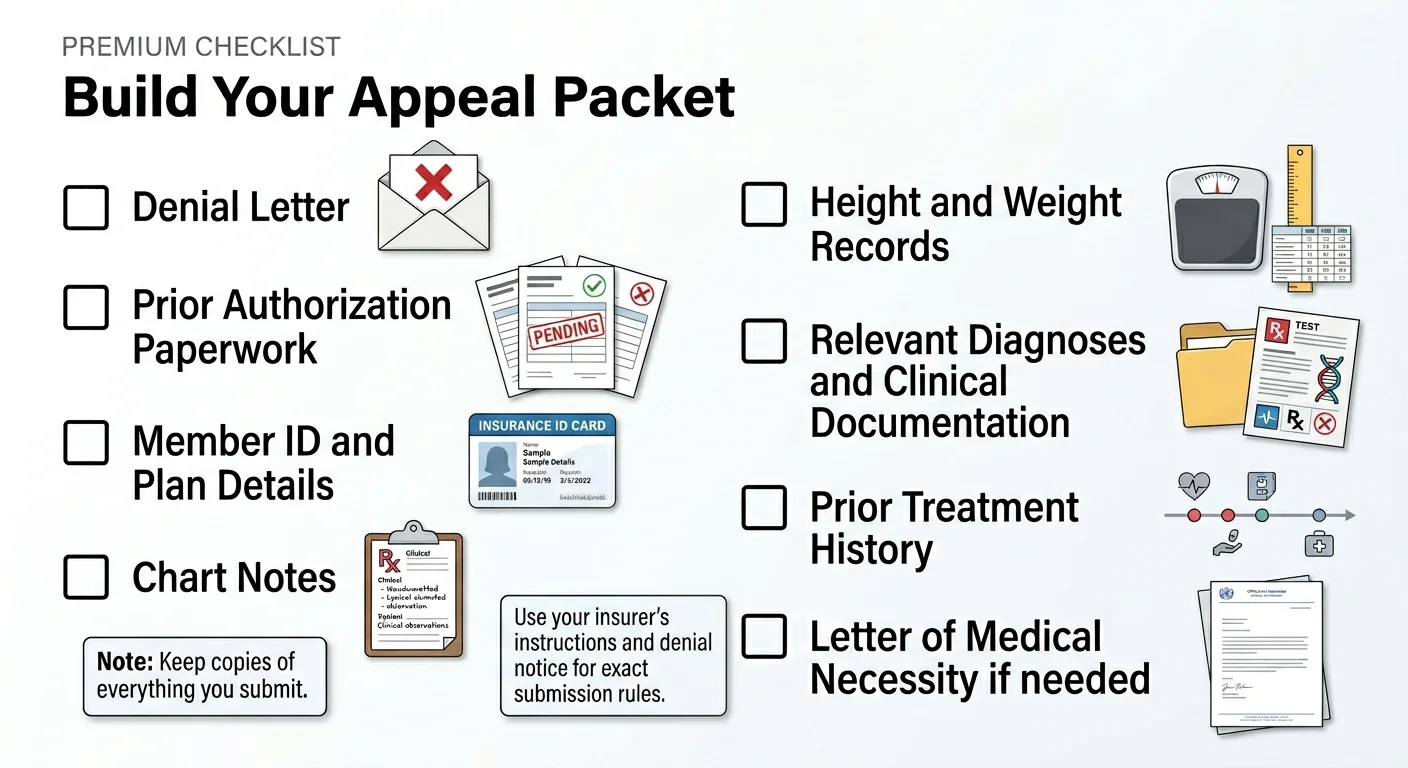 Premium checklist for building a Wegovy or Zepbound appeal packet — includes denial letter, prior authorization paperwork, member ID, chart notes, height and weight records, clinical documentation, prior treatment history, and letter of medical necessity