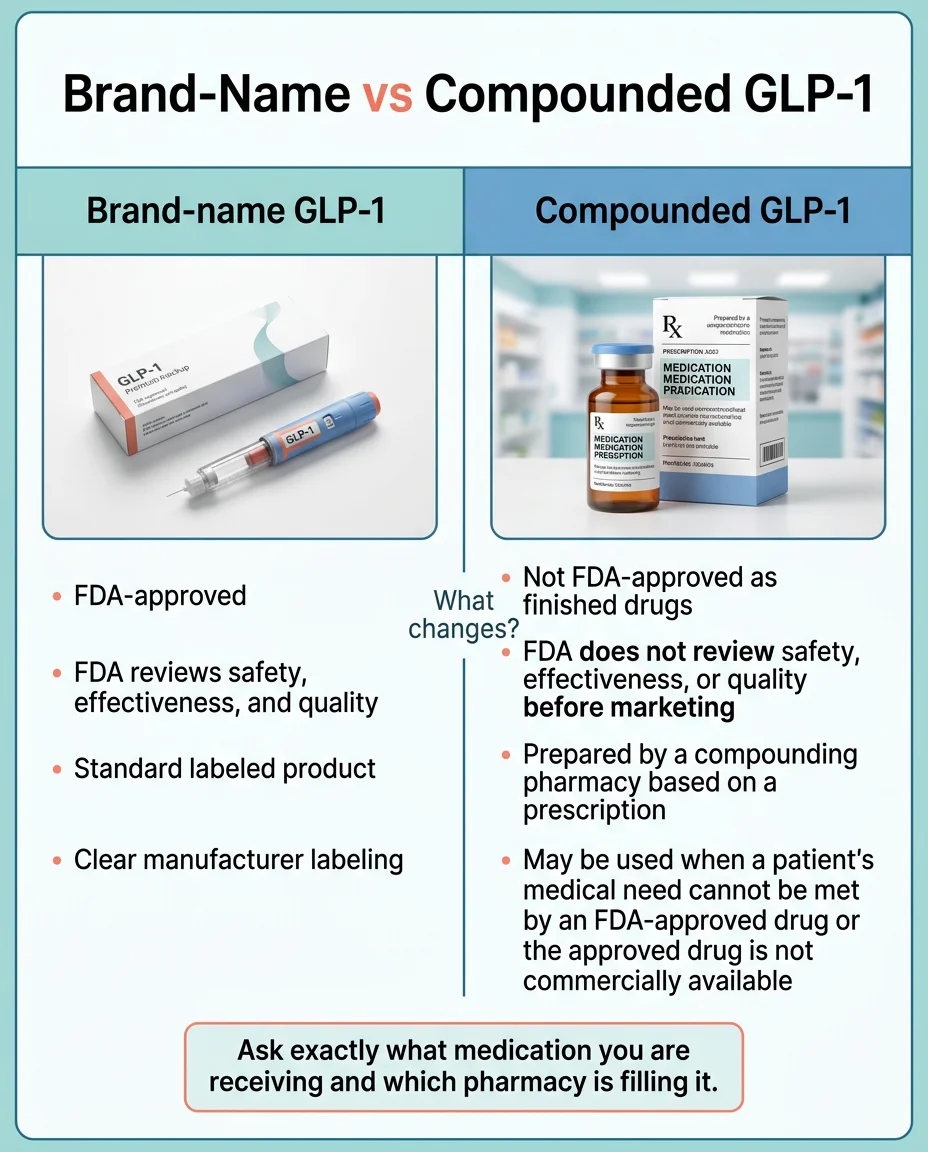 Brand-name vs compounded GLP-1 comparison: FDA-approved medications have safety reviews and standard labeling while compounded drugs are not FDA-approved as finished drugs