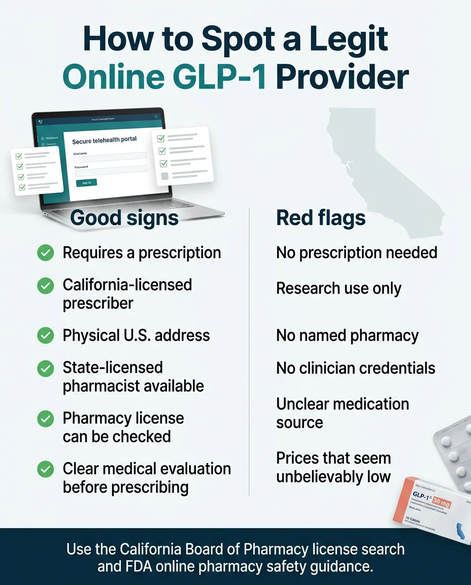 How to spot a legit online GLP-1 provider: good signs include requiring a prescription and California-licensed prescriber; red flags include no prescription needed and unclear medication source