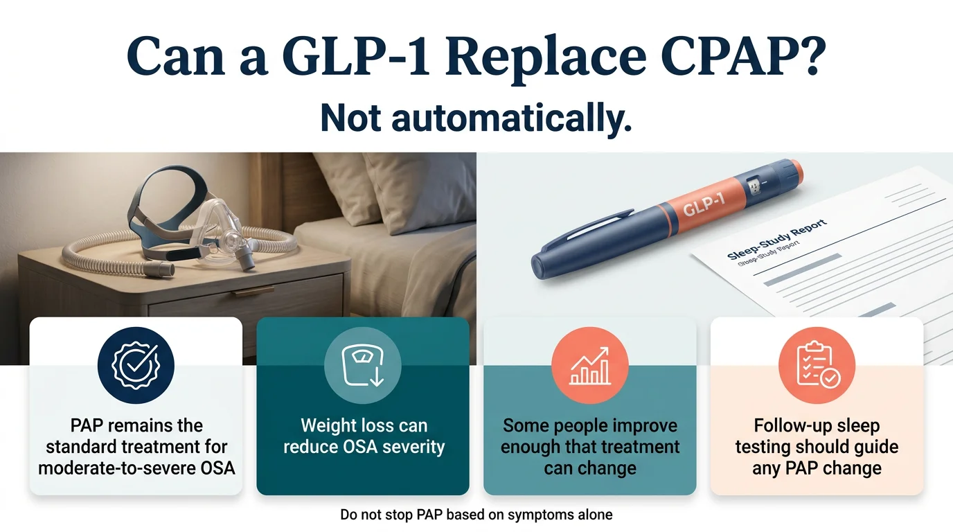 Can a GLP-1 replace CPAP infographic showing four key points: PAP remains standard treatment, weight loss can reduce OSA severity, some people improve enough to change treatment, and follow-up sleep testing should guide any PAP change