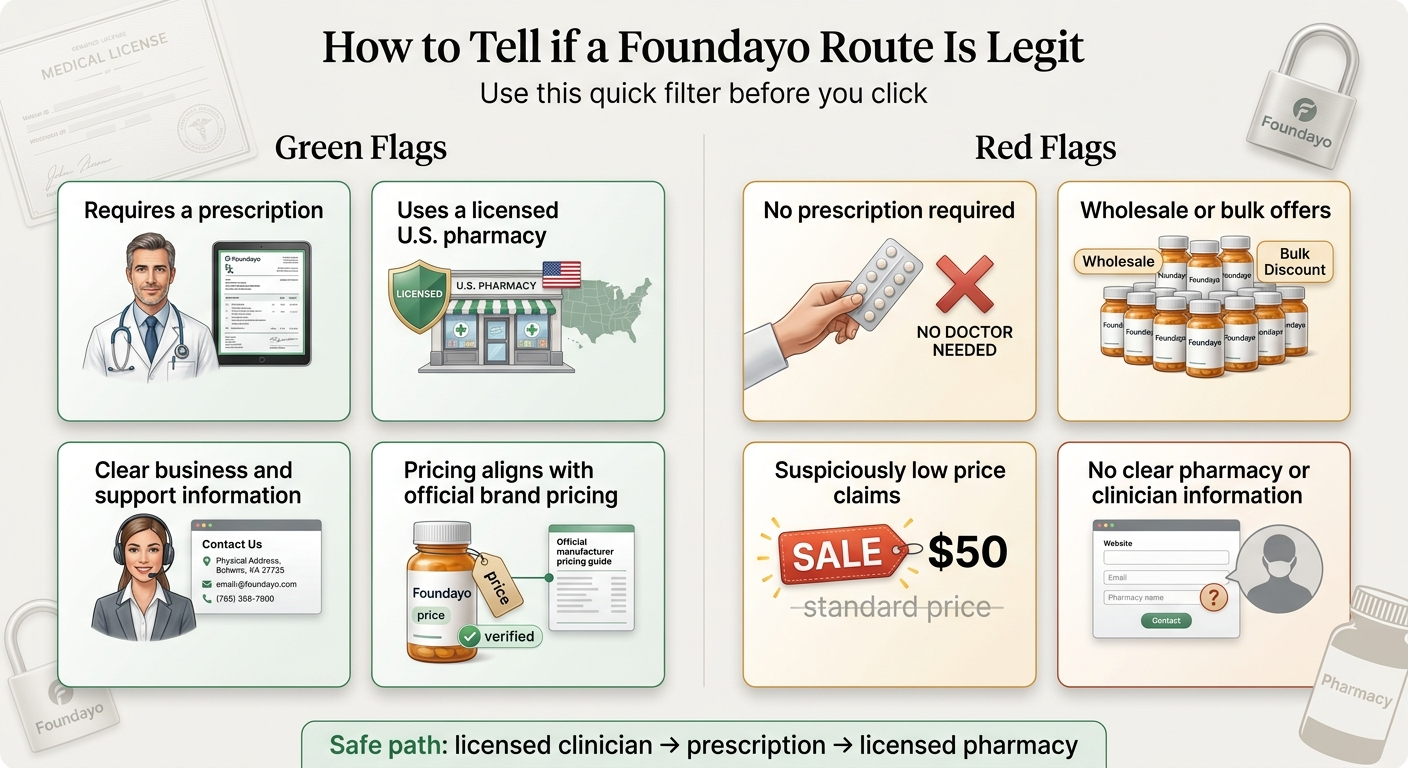 How to tell if a Foundayo route is legit: green flags include requires prescription, licensed U.S. pharmacy, clear contact info, pricing aligns with Lilly rates; red flags include no prescription required, wholesale/bulk offers, suspiciously low prices, no pharmacy information