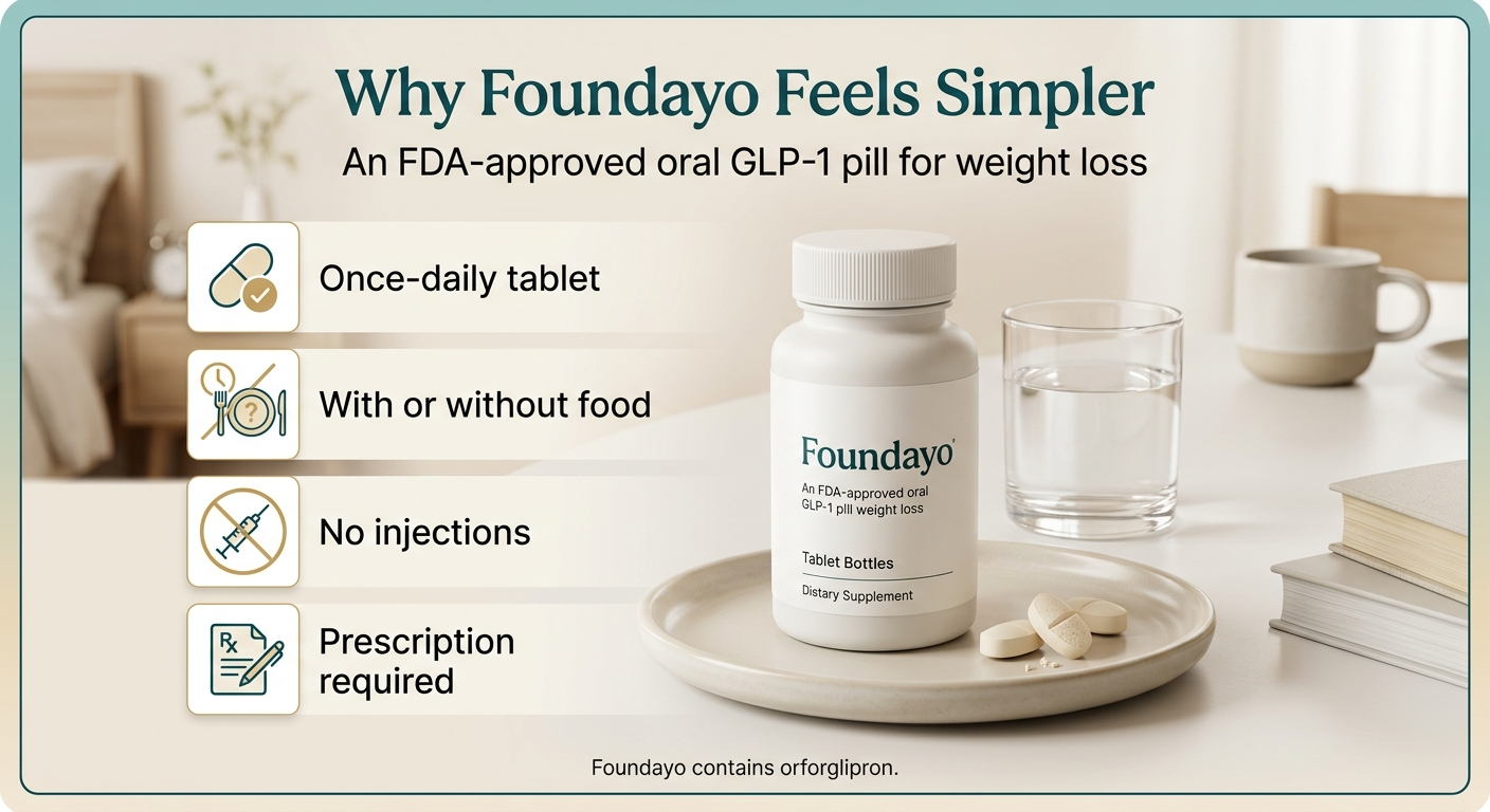 Why Foundayo feels simpler: once-daily tablet, with or without food, no injections, prescription required — FDA-approved oral GLP-1 for weight loss