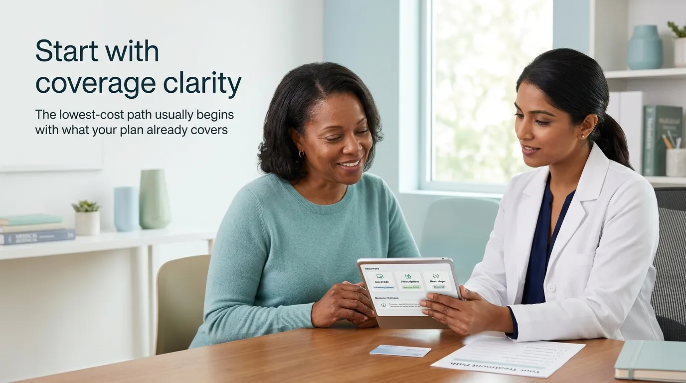 Patient and doctor reviewing insurance coverage options on a tablet — start with coverage clarity: the lowest-cost GLP-1 path usually begins with what your plan already covers