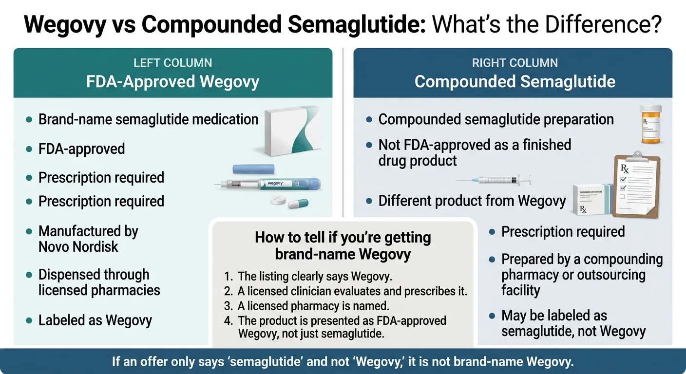 Wegovy vs Compounded Semaglutide: FDA-approved Wegovy is brand-name semaglutide medication, manufactured by Novo Nordisk, dispensed through licensed pharmacies, labeled as Wegovy; Compounded semaglutide is not FDA-approved as a finished drug product, different product from Wegovy, prepared by a compounding pharmacy, may be labeled as semaglutide not Wegovy