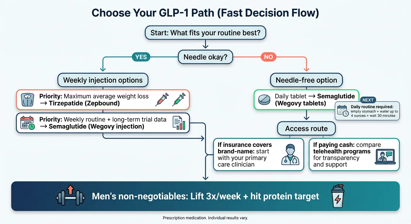 Decision flow chart showing how to choose your GLP-1 path for men: needle okay leads to tirzepatide or semaglutide injection, needle-free leads to Wegovy tablets, with insurance vs cash-pay routes