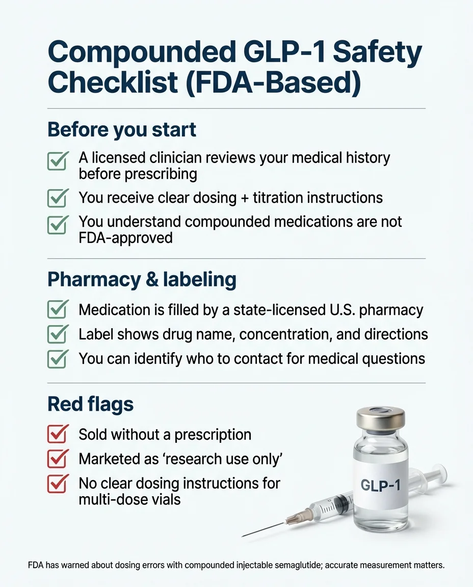 Compounded GLP-1 safety checklist based on FDA guidance covering licensed clinician review, dosing instructions, pharmacy labeling, and red flags