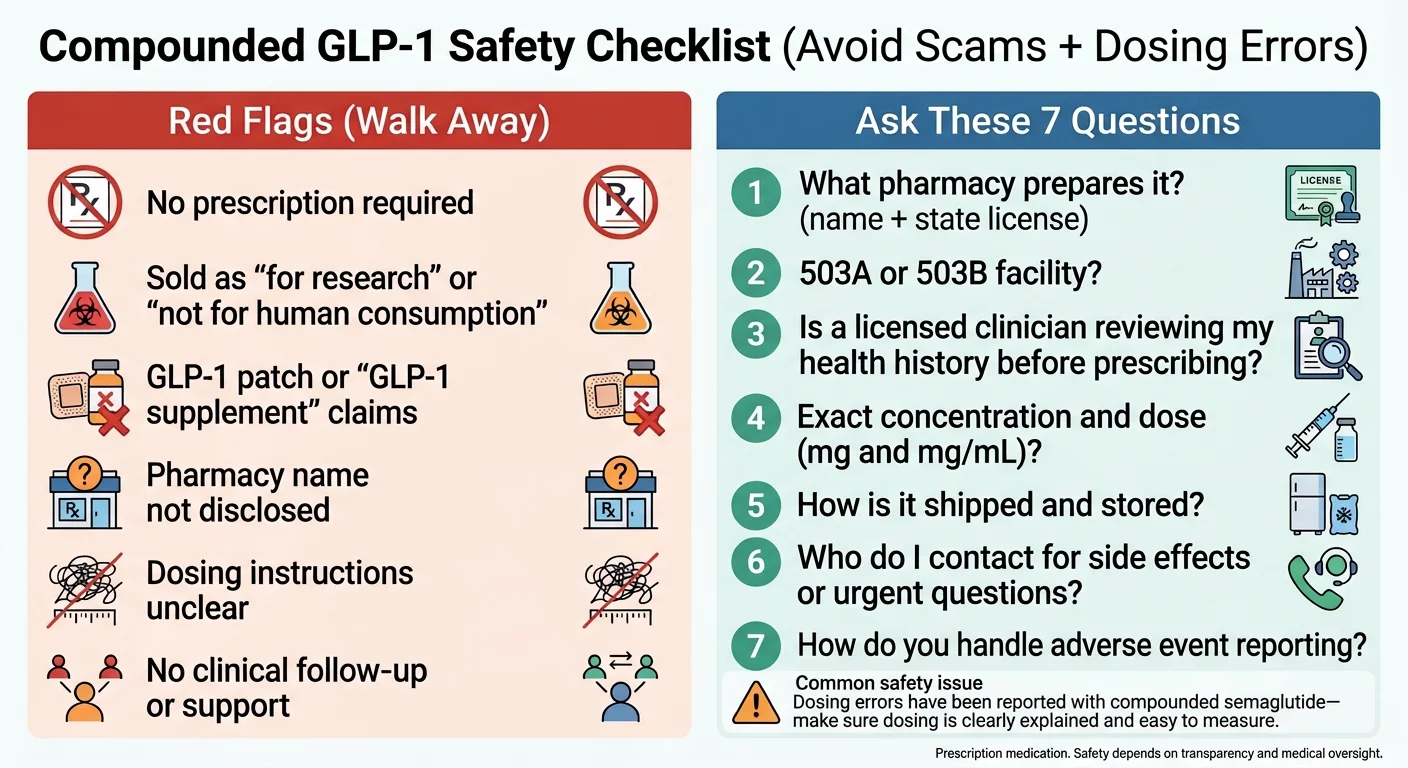 Compounded GLP-1 safety checklist showing red flags to walk away from (no prescription required, sold as research, GLP-1 patch claims) and 7 questions to ask any provider before starting treatment