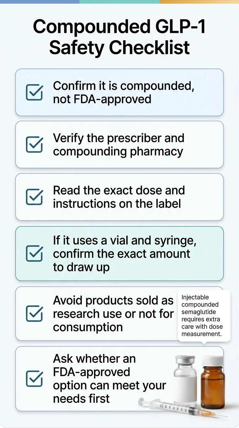 Compounded GLP-1 safety checklist showing what to verify before using compounded medications