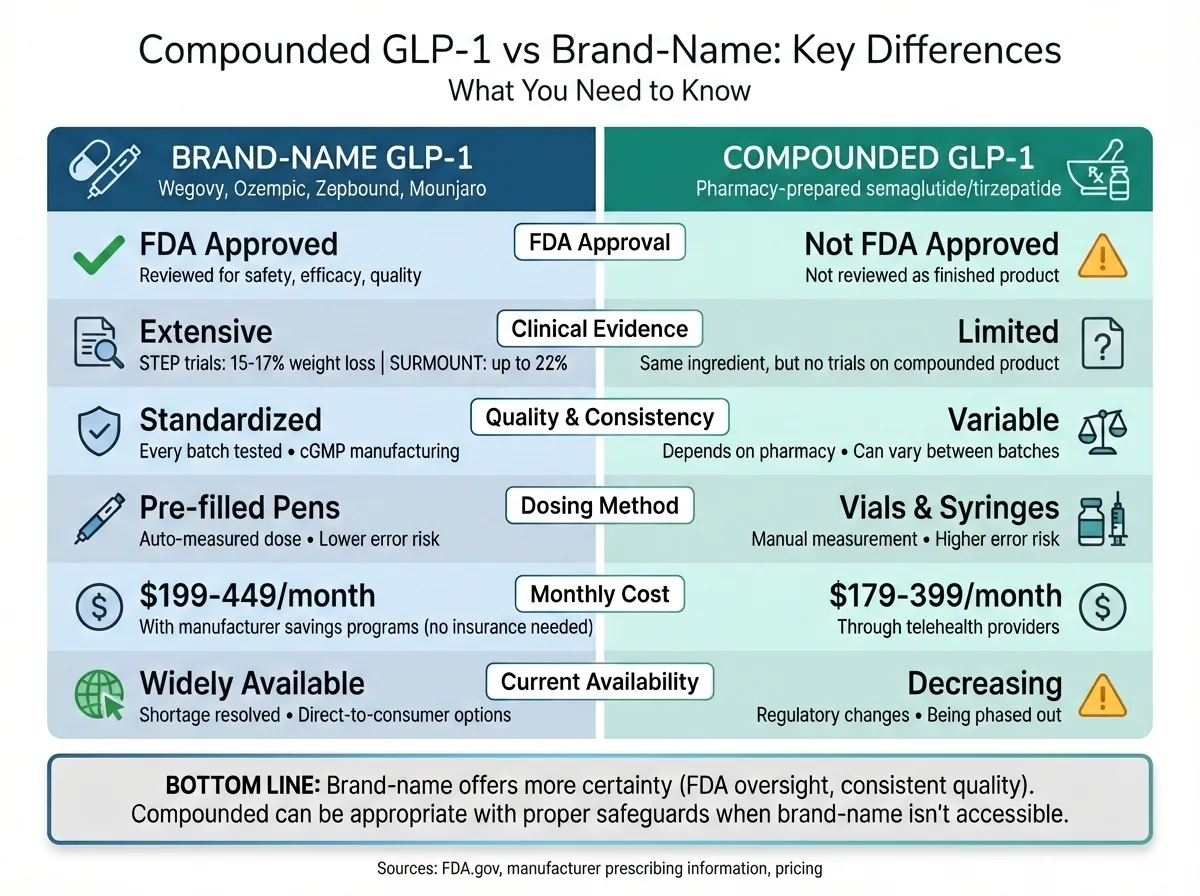 Compounded GLP-1 vs Brand Name Comparison Infographic showing FDA approval, safety, cost, and availability differences