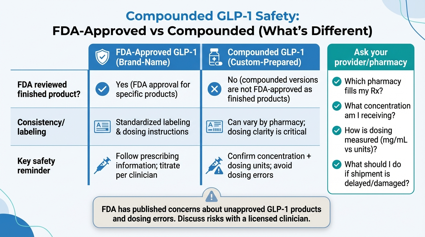 Compounded GLP-1 Safety comparison infographic: FDA-Approved Brand-Name GLP-1 has FDA reviewed finished product yes, standardized labeling and dosing, follow prescribing information. Compounded GLP-1 Custom-Prepared has FDA review no for finished products, can vary by pharmacy with dosing clarity critical, confirm concentration and dosing units. Ask your provider which pharmacy fills Rx, what concentration, how dosing is measured, what to do if shipment delayed. FDA has published concerns about unapproved GLP-1 products and dosing errors.