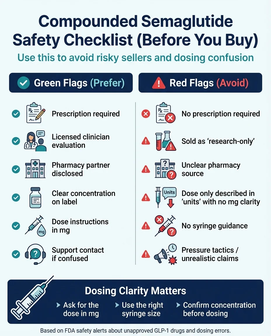 Compounded Semaglutide Safety Checklist - Green flags to prefer and red flags to avoid before buying