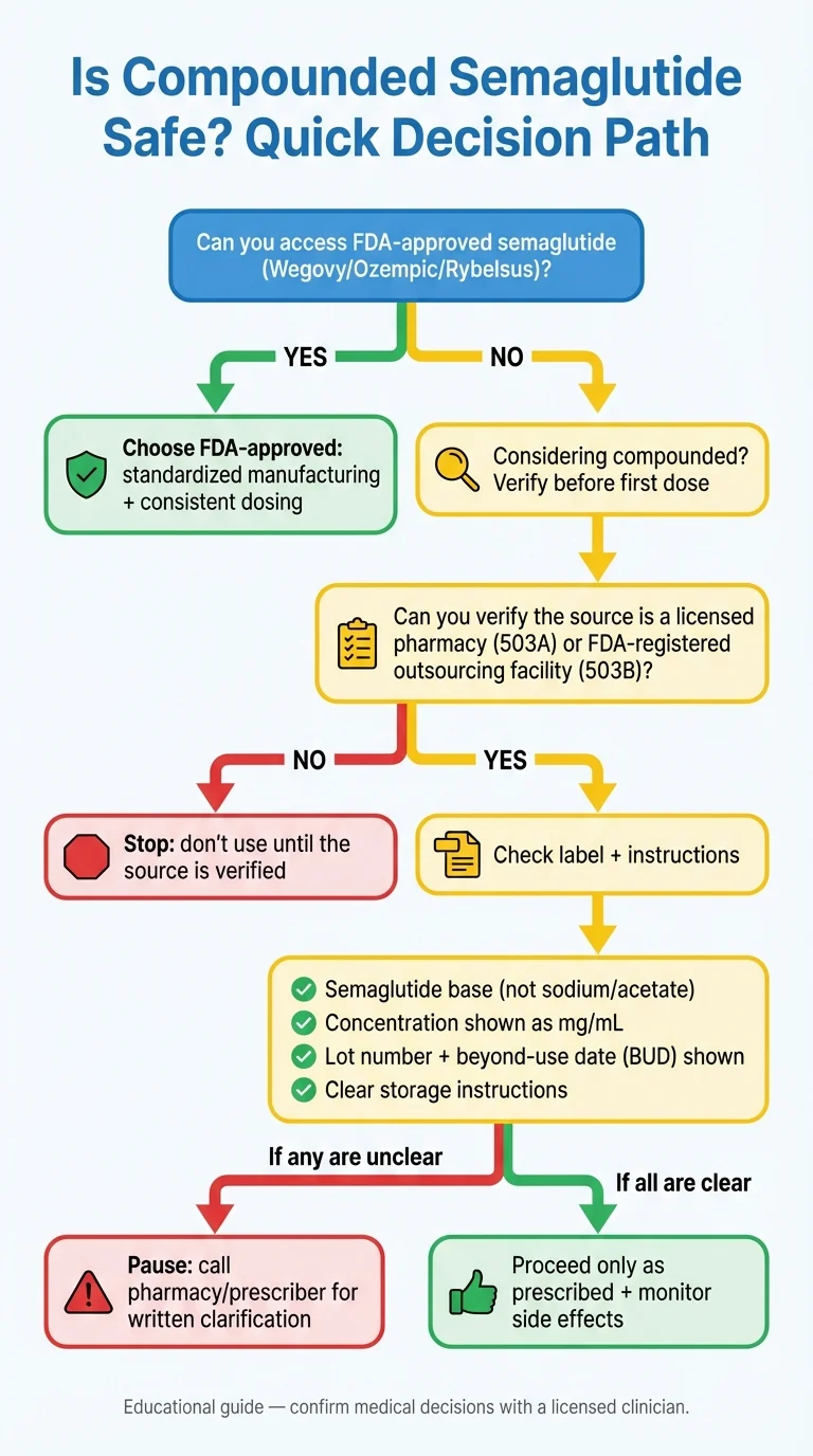 Compounded semaglutide safety decision flowchart showing pathways from current situation to recommended actions