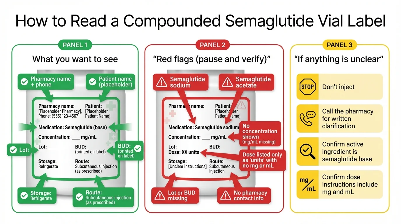 Compounded GLP-1 vial label guide \u2014 what to check field by field before injecting