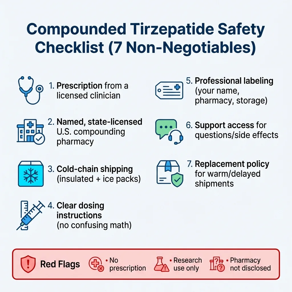 Compounded Tirzepatide Safety Checklist (7 Non-Negotiables): 1. Prescription from licensed clinician, 2. Named state-licensed U.S. compounding pharmacy, 3. Cold-chain shipping (insulated + ice packs), 4. Clear dosing instructions, 5. Professional labeling, 6. Support access for questions/side effects, 7. Replacement policy for warm/delayed shipments. Red Flags: No prescription, Research use only, Pharmacy not disclosed