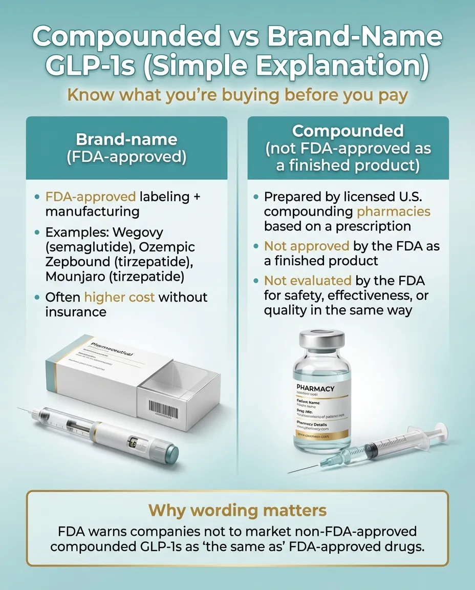 Compounded vs brand-name GLP-1 medications explained — simple comparison showing FDA-approved labeling versus compounding pharmacy preparation and why wording matters