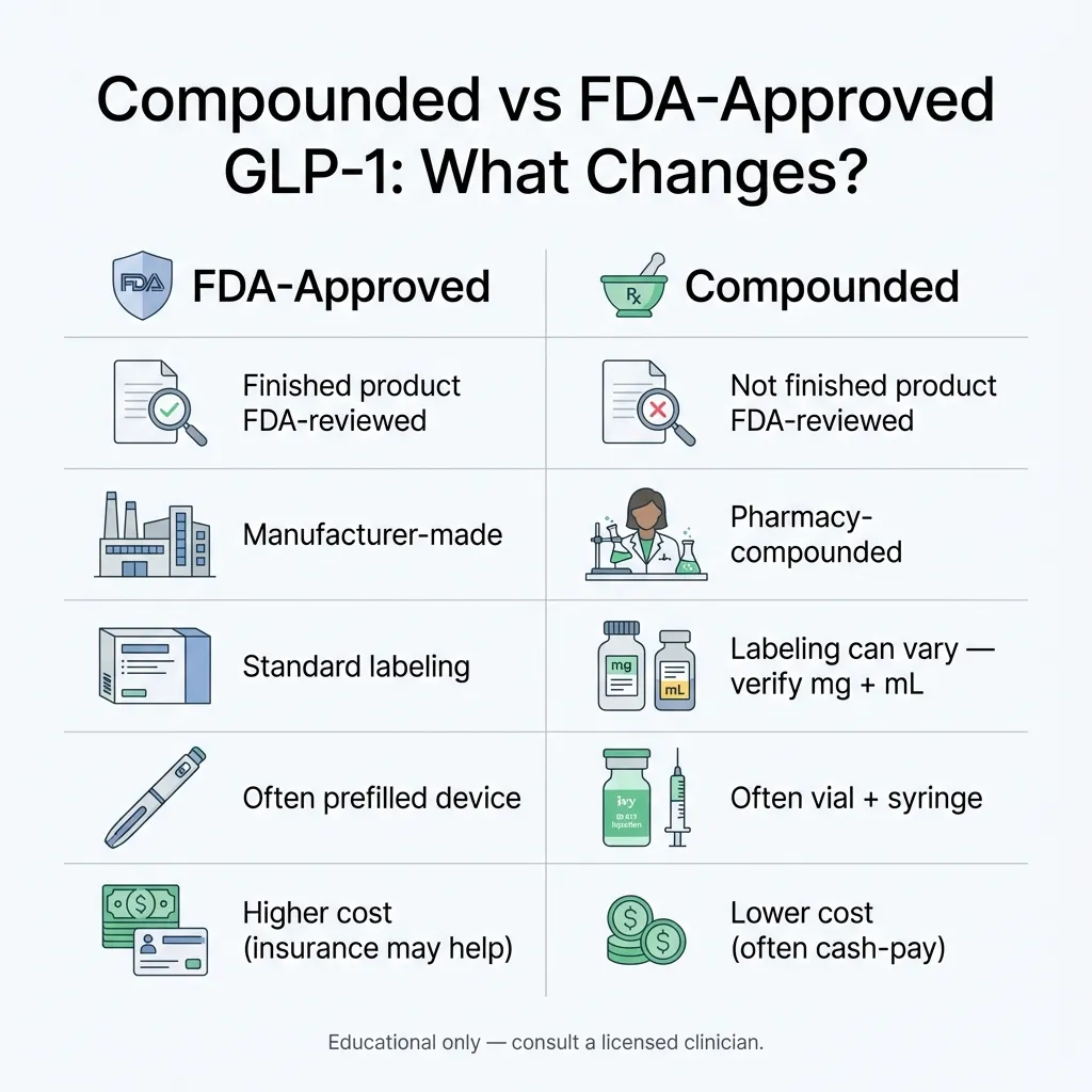 Compounded vs FDA-approved GLP-1 comparison chart showing differences in manufacturing, FDA review, labeling, delivery method, and cost