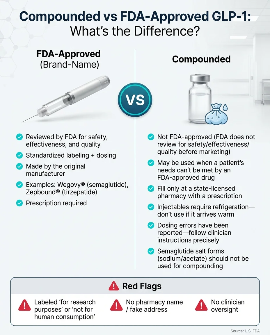 Compounded vs FDA-approved GLP-1 medications comparison infographic showing key differences in approval, safety, and manufacturing