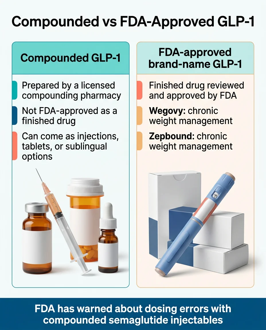 Compounded vs FDA-approved GLP-1 medication comparison showing compounded vials and syringes on left versus FDA-approved brand-name pens on right with key differences
