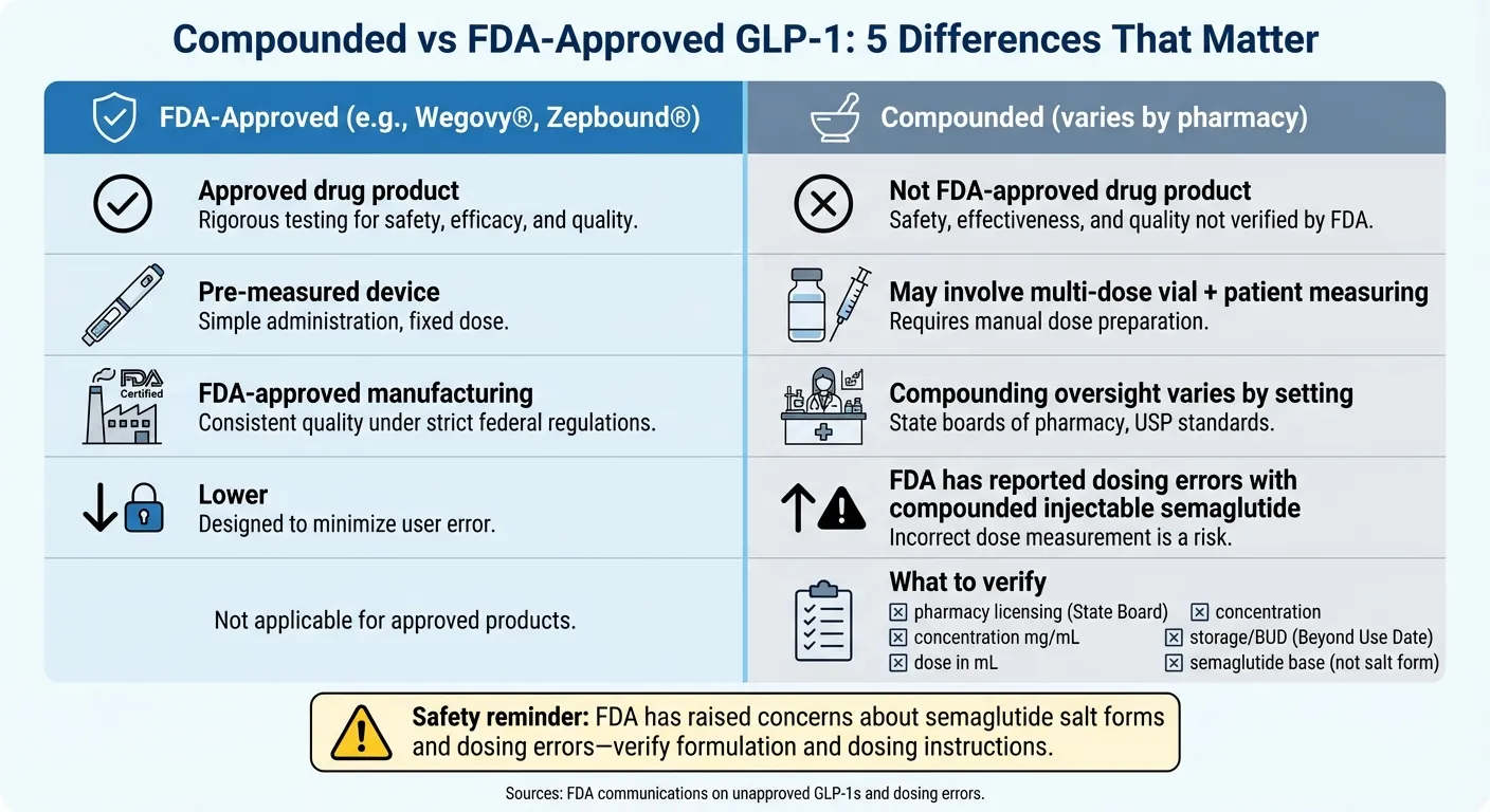 Compounded vs FDA-approved GLP-1 infographic for a Synergy Rx review showing approval status, dosing format, dosing error risk, and what to verify before starting semaglutide or tirzepatide