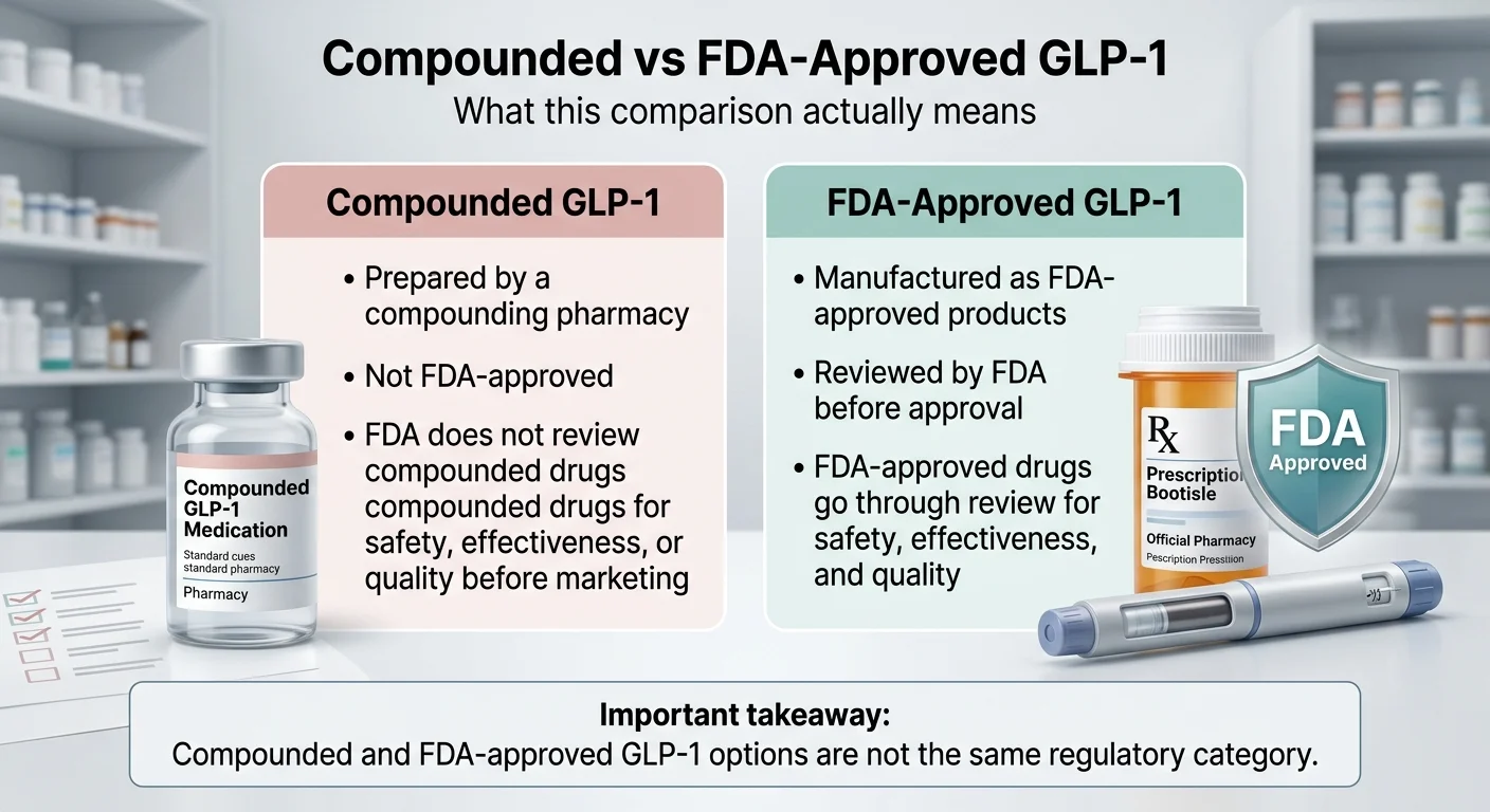 Compounded vs FDA-Approved GLP-1 comparison: Compounded GLP-1 is prepared by a compounding pharmacy, not FDA-approved, and FDA does not review compounded drugs for safety, effectiveness, or quality before marketing. FDA-Approved GLP-1 is manufactured as FDA-approved products, reviewed by FDA before approval, and goes through review for safety, effectiveness, and quality.