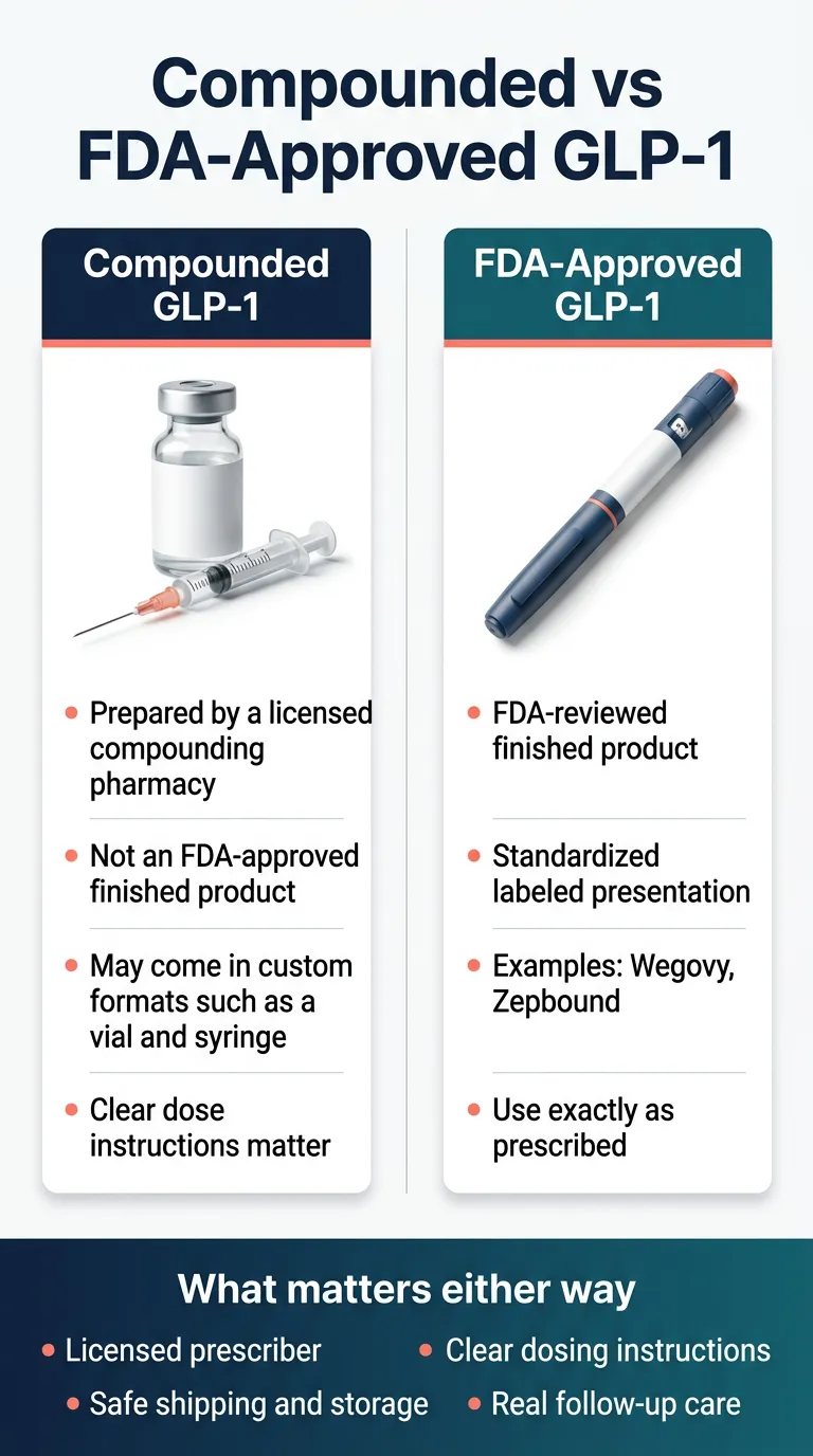 Compounded vs FDA-approved GLP-1 medications comparison showing key differences