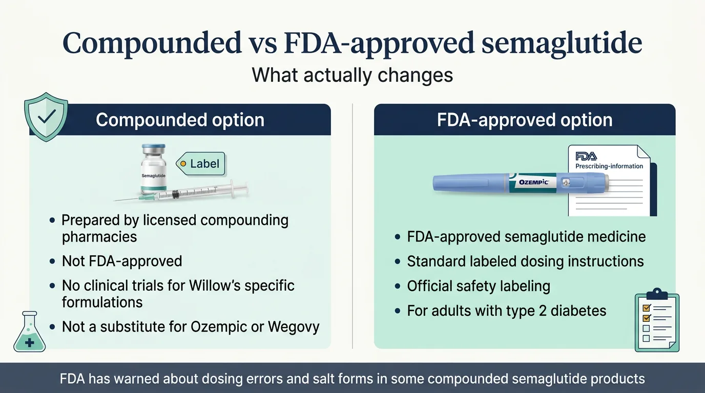 Compounded vs FDA-approved semaglutide — compounded option is prepared by licensed pharmacies with no clinical trials and is not a substitute for Ozempic, while FDA-approved option has standard labeled dosing and official safety labeling for adults with type 2 diabetes