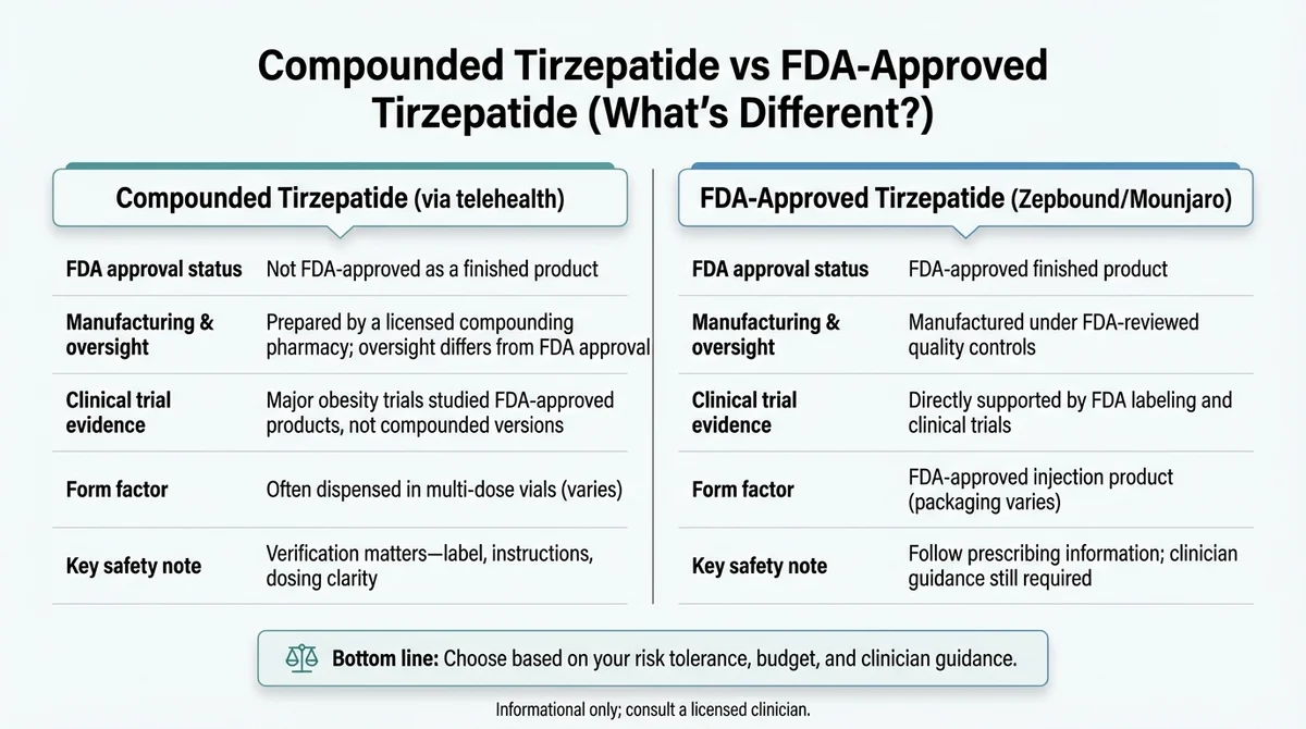 Compounded tirzepatide vs FDA-approved Zepbound comparison chart