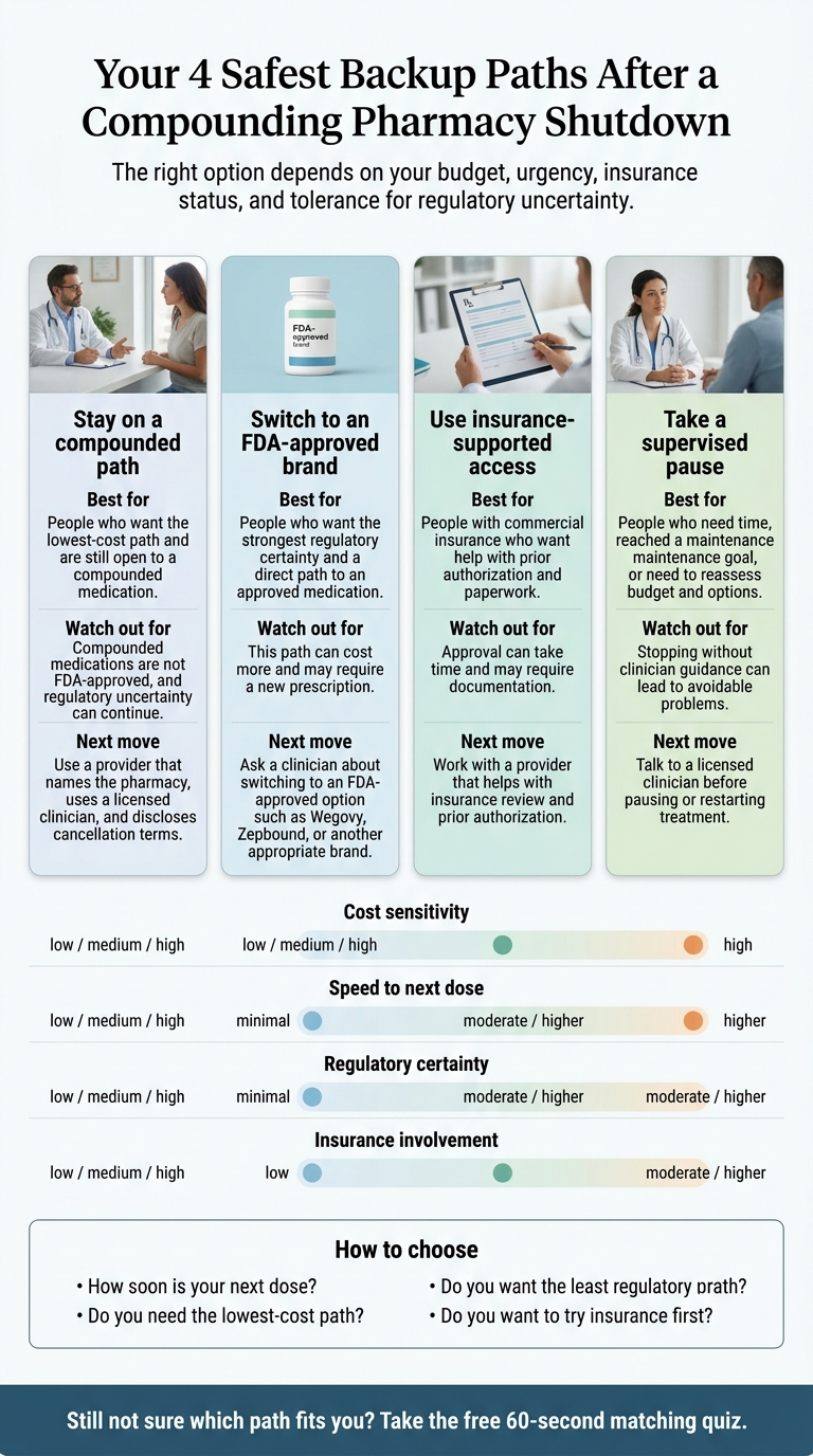 Your 4 Safest Backup Paths After a Compounding Pharmacy Shutdown. Path 1: Stay on a compounded path (best for people who want the lowest-cost path and are still open to a compounded medication). Path 2: Switch to an FDA-approved brand (best for people who want the strongest regulatory certainty and a direct path to an FDA-approved medication). Path 3: Use insurance-supported access (best for people with commercial insurance who want help with prior authorization). Path 4: Take a supervised pause (best for people who have reached a maintenance goal or need time to reassess). Comparison matrix shows cost sensitivity, speed to next dose, regulatory certainty, and insurance involvement. Click to take the free 60-second matching quiz.