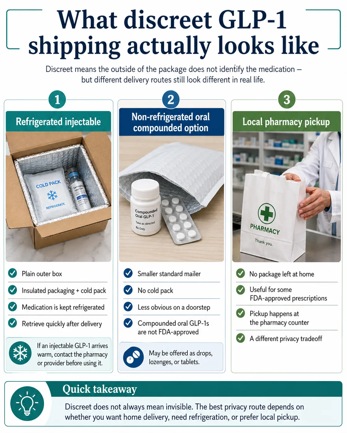 Infographic: What discreet GLP-1 shipping actually looks like. Headline: 'Discreet means the outside of the package does not identify the medication \u2014 but different delivery routes still look different in real life.' Three columns: 1) Refrigerated injectable \u2014 plain outer cardboard box, insulated packaging plus cold pack, medication kept refrigerated, retrieve quickly after delivery. Warning: if an injectable GLP-1 arrives warm, contact the pharmacy or provider before using it. 2) Non-refrigerated oral compounded option \u2014 smaller standard mailer, no cold pack, less obvious on a doorstep, compounded oral GLP-1s are not FDA-approved. May be offered as drops, lozenges, or tablets. 3) Local pharmacy pickup \u2014 no package left at home, useful for some FDA-approved prescriptions, pickup happens at the pharmacy counter, a different privacy tradeoff. Quick takeaway: Discreet does not always mean invisible. The best privacy route depends on whether you want home delivery, need refrigeration, or prefer local pickup.