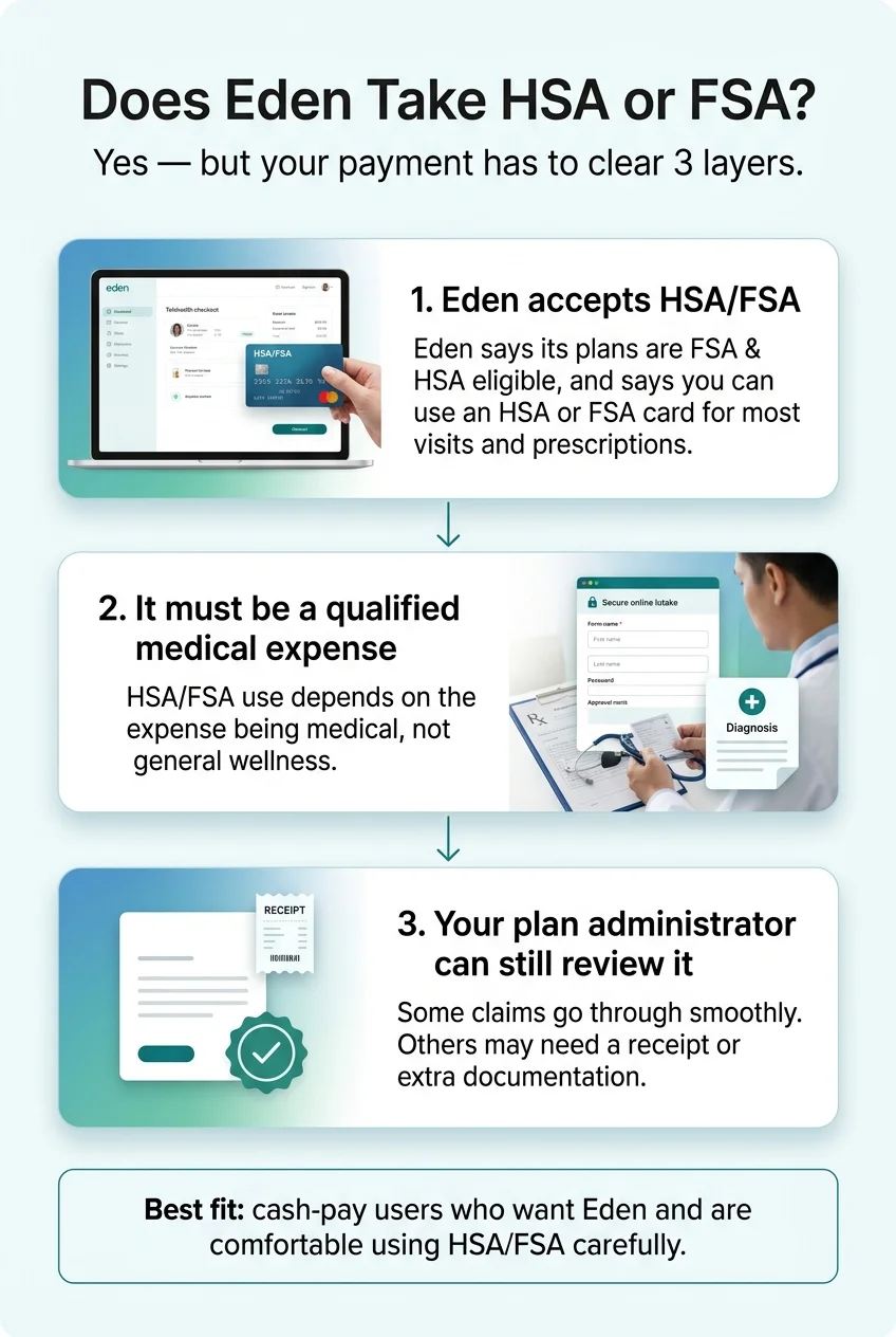 Does Eden Take HSA or FSA? infographic showing three layers: Layer 1 — Eden accepts HSA/FSA (Eden says its plans are FSA & HSA eligible and you can use an HSA or FSA card for most visits and prescriptions); Layer 2 — It must be a qualified medical expense (HSA/FSA use depends on the expense being medical, not general wellness); Layer 3 — Your plan administrator can still review it (some claims go through smoothly, others may need a receipt or extra documentation). Best fit: cash-pay users who want Eden and are comfortable using HSA/FSA carefully.