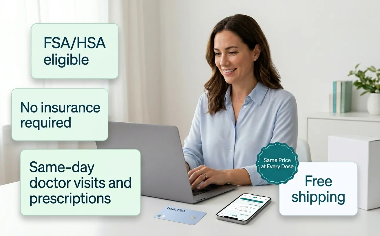 Woman using Eden GLP-1 telehealth program on laptop at home desk, with feature labels: FSA/HSA eligible, No insurance required, Same-day doctor visits and prescriptions, Same Price at Every Dose, Free shipping.