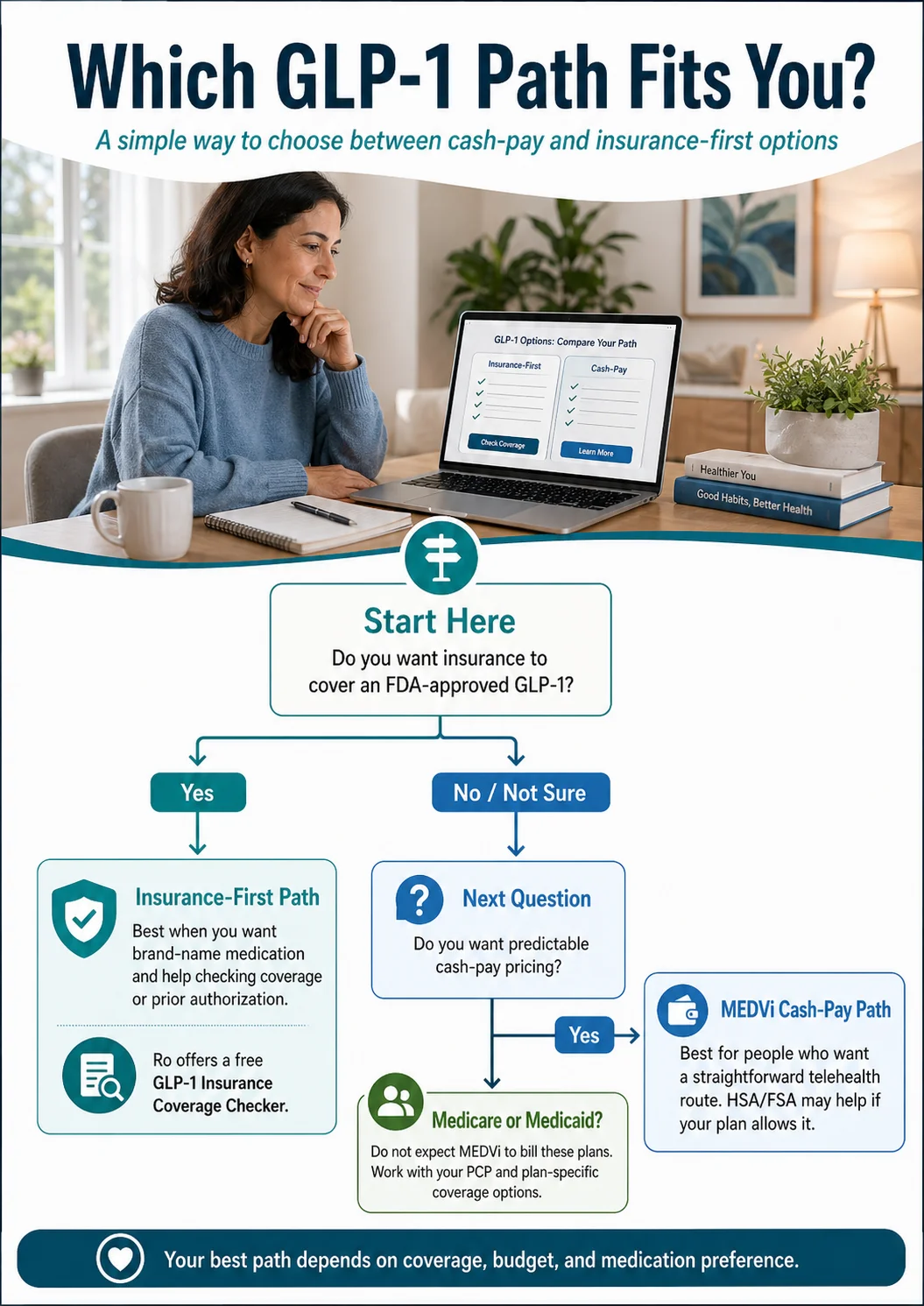 Which GLP-1 Path Fits You? Decision tree infographic: Start — do you want insurance to cover an FDA-approved GLP-1? Yes → Insurance-First Path (Ro offers a free GLP-1 Insurance Coverage Checker). No/Not Sure → Do you want predictable cash-pay pricing? Yes → MEDVi Cash-Pay Path. Medicare or Medicaid → Do not expect MEDVi to bill these plans.