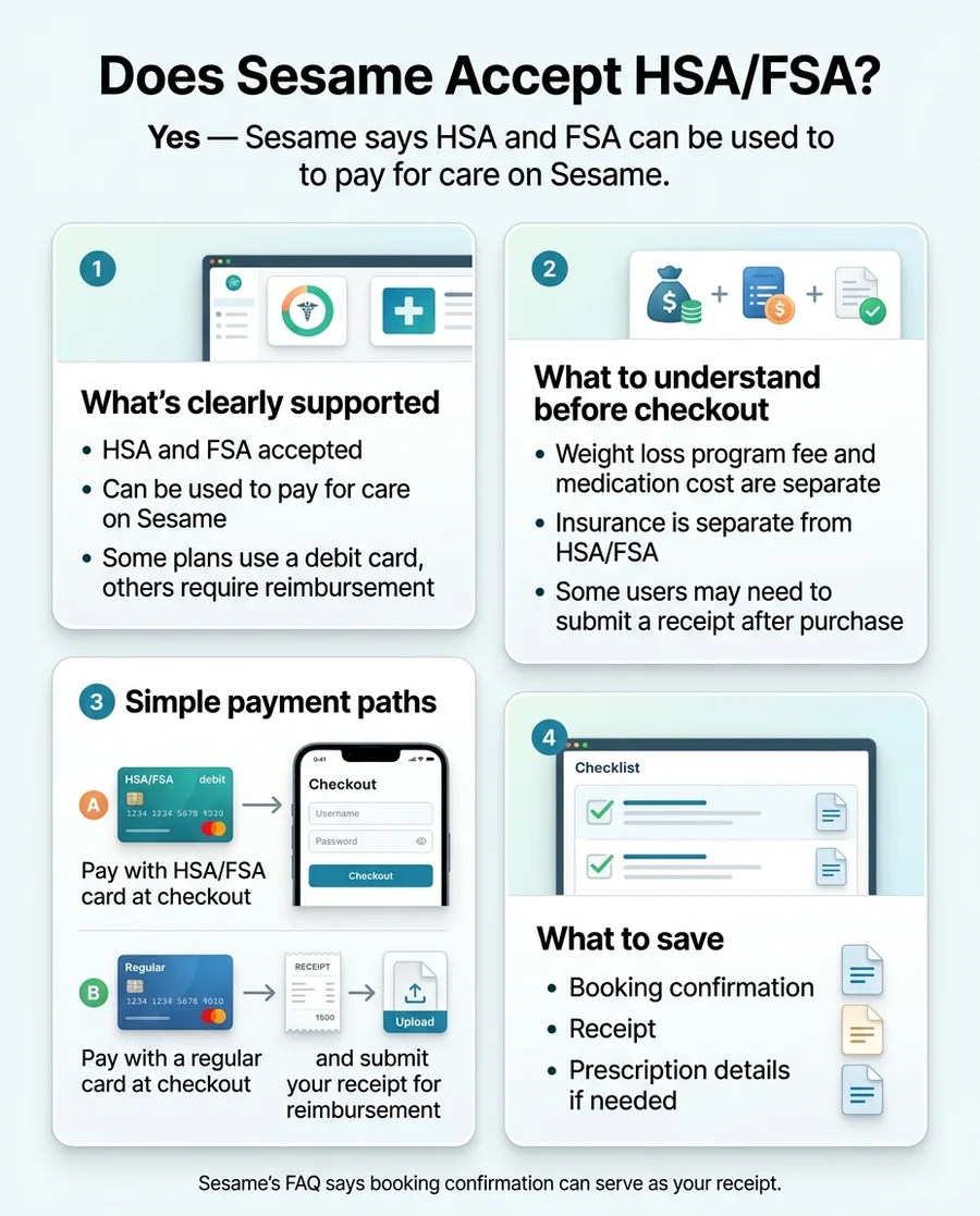 Does Sesame Accept HSA/FSA infographic showing the three-tier coverage breakdown: Tier 1 — Visits and labs ($29–$79, eligible with booking confirmation); Tier 2 — Success by Sesame subscription ($59/mo annual, $99/mo monthly, eligible with itemized bill on request); Tier 3 — FDA-approved GLP-1 medications including Wegovy, Zepbound, Ozempic, Mounjaro, and Foundayo (eligible when prescribed for a diagnosed condition, may need extra documentation for weight-loss indication).