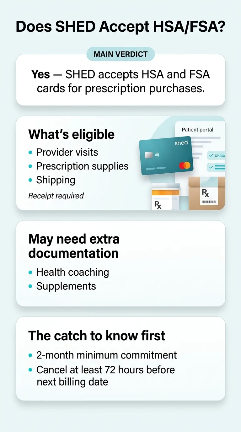 Does SHED accept HSA/FSA infographic — main verdict yes; what's eligible (provider visits, prescription supplies, shipping, receipt required); may need extra documentation (health coaching, supplements); the catch to know first (2-month minimum commitment, cancel at least 72 hours before next billing date).