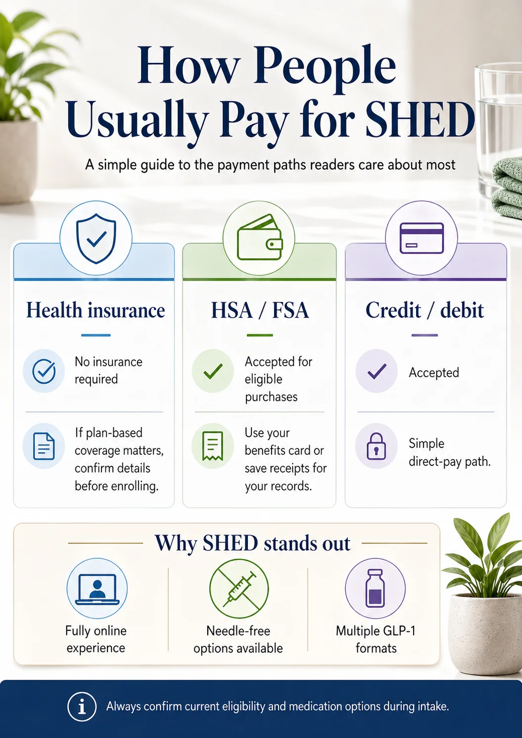 How People Usually Pay for SHED infographic: Health insurance — no insurance required, confirm details before enrolling. HSA/FSA — accepted for eligible purchases, use your benefits card or save receipts. Credit/debit — accepted, simple direct-pay path. Why SHED stands out: fully online experience, needle-free options available, multiple GLP-1 formats.