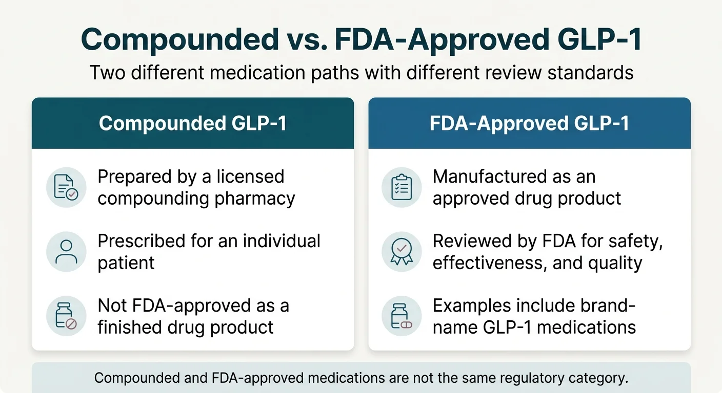 Compounded vs FDA-Approved GLP-1: Compounded medications are prepared by licensed compounding pharmacies and are not FDA-approved finished drug products; FDA-approved medications are reviewed for safety, effectiveness, and quality