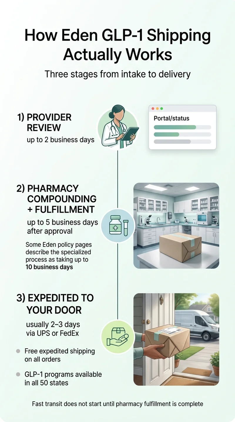How Eden GLP-1 shipping actually works: 3 stages from intake to delivery. Stage 1 — Provider Review, up to 2 business days. Stage 2 — Pharmacy Compounding and Fulfillment, up to 5 business days after approval (some policy pages say up to 10 business days). Stage 3 — Expedited to your door, usually 2–3 days via UPS or FedEx. Fast transit does not start until pharmacy fulfillment is complete.